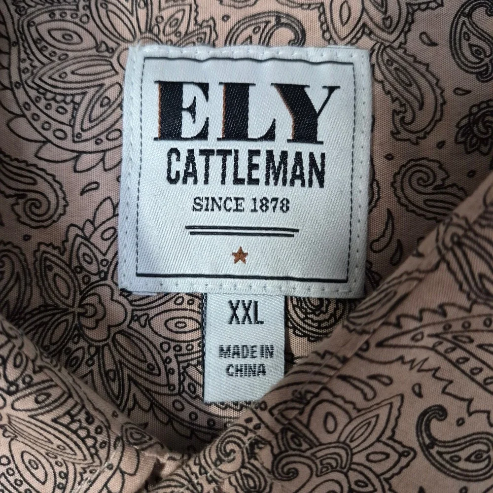 Ely Cattleman Western Shirt Mens XXL Tan Paisley Pearl Snap Long Sleeve Cotton - Picture 3 of 9